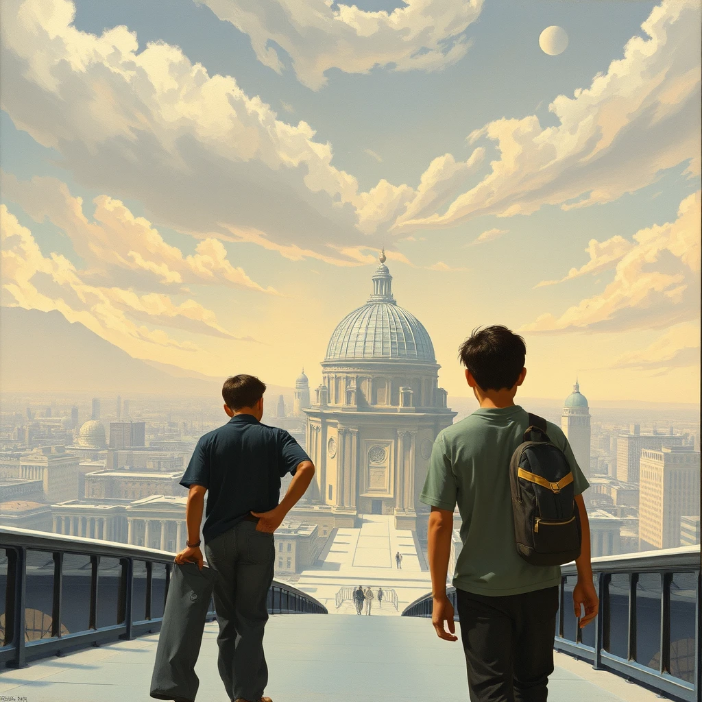 Two teen boys are walking through a glass-domed city, a painting by Chesley Bonestell. - Image