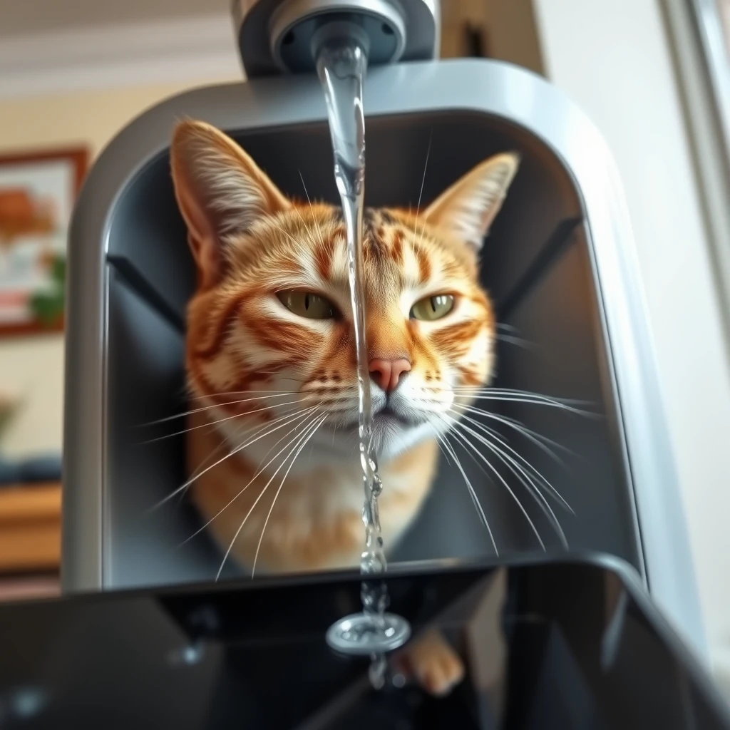 A cat drinking water, captured from the perspective of a mobile phone. The scene is indoors, with the cat's face close to the water stream. The water dispenser is modern and sleek, and the environment is well-lit with natural lighting. The cat is focused on drinking, and the image shows a clear, detailed view of its head and upper body. The background includes a hint of home decor, indicating a cozy living space. - Image