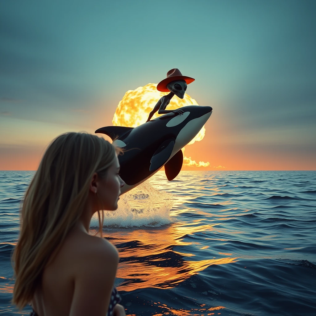 An 18-year-old model looks at the ocean where an orca ridden by an alien in a cowboy hat is jumping out of the water. There is a nuclear explosion in the background. Super detailed photo-realistic shot in a Canon EOS. - Image