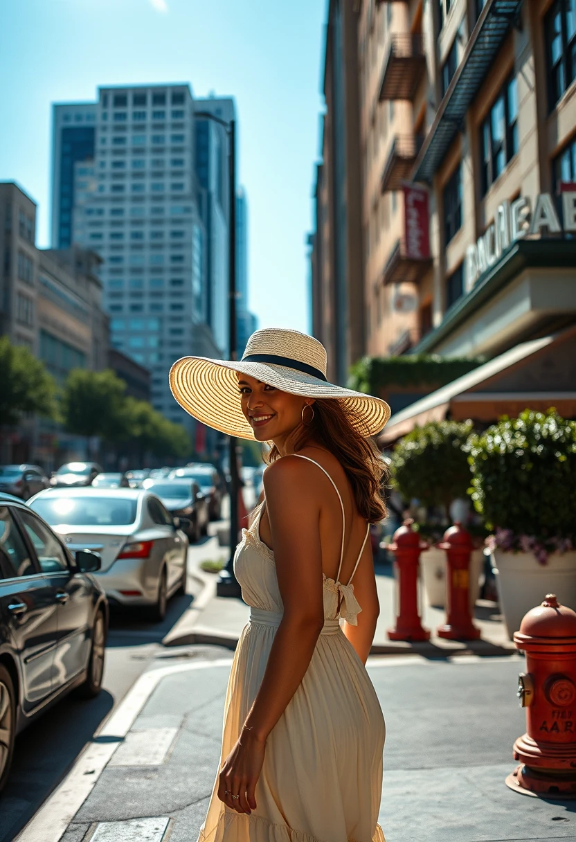 beautiful woman wearing wide brimmed hat walking on busy city street, sundress, bright sunshine, cars, buildings, cafe, shrubs, fire hydrant, streetlight, volumetric lighting, extremely detailed, award winning photography