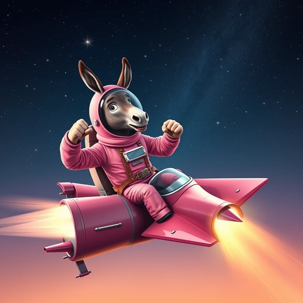 An ambitious donkey wearing pink astronaut costume, riding on a stunning spaceship, making a punching gesture, flying to the outerspace under a clear night sky with lots of shining stars. Realistic style.