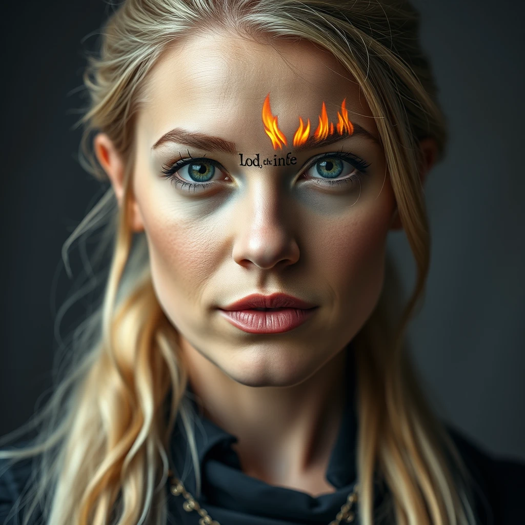 Professional headshot of a woman, the words "lord of the rings" tattooed on her forehead in runes, with fire and ice, full body. - Image