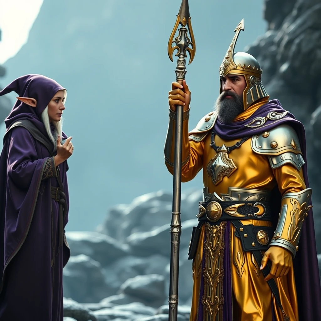 Gold and silver paladin standing in front of a purple-robed elf with a staff enchanting the paladin to double in size high-definition movie still.