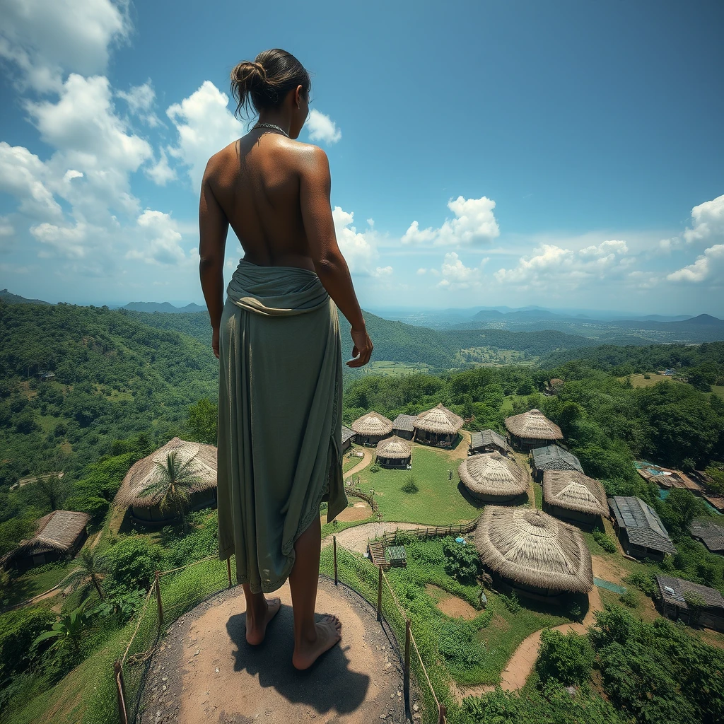 View from above, 50-meter tall giant woman standing in village barefoot.