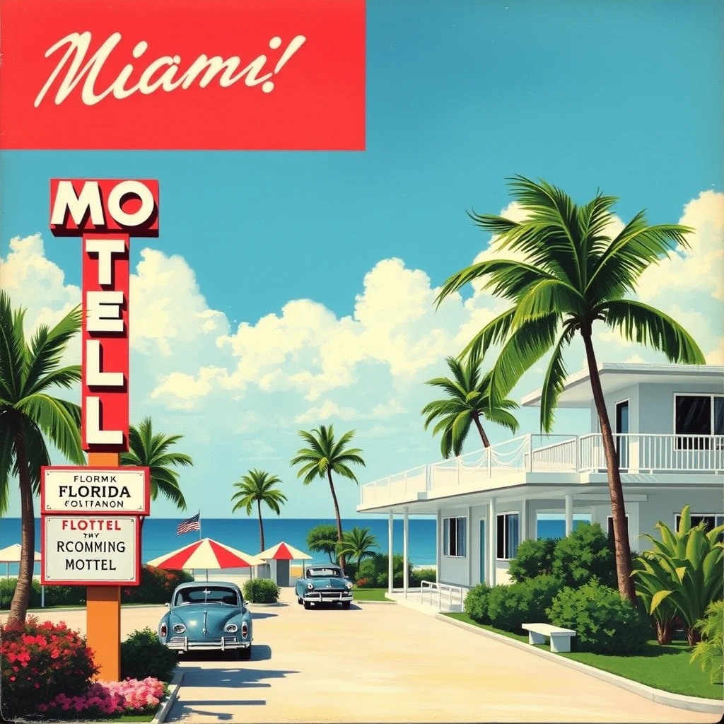 A Miami Florida Motel postcard from 1956, as painted by Arthur Sarnoff, wide, landscape view.