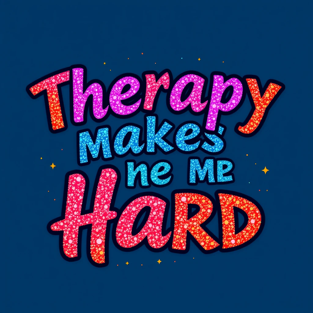 T-shirt design of fantastic vibrant glittery but ethereal text that says "Therapy Makes Me Hard".