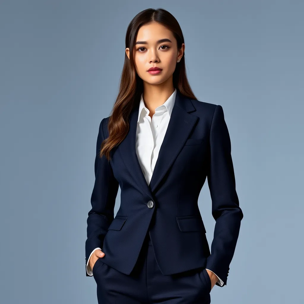 A girl wearing a female business suit stands poised and confident, her outfit exuding professionalism and sophistication. The ensemble is a masterful blend of elegance and authority, perfectly suited for a high-powered corporate setting. She wears a tailored, two-piece pantsuit in a rich, dark navy blue hue, reminiscent of a clear night sky. The fabric appears to be a luxurious wool or cashmere blend, with a subtle sheen that hints at its exceptional quality. The fitted jacket accentuates her slender physique and features a classic two-button design with a subtle peak lapel. The polished silver metal buttons add a touch of understated glamour to the overall look. The long, fitted sleeves have a slight stretch to accommodate her movements. A delicate, snow-white blouse peeks out from beneath the jacket, its crisp, starched fabric providing a striking contrast to the navy blue. The blouse features a classic wingtip collar, adding a touch of femininity, and a delicate silver cufflink adorns the cuff, casting a tiny, shimmering light on the surrounding fabric. The slim-fitting, streamlined pants break just above the shoes to create a clean, elongated line, with a thin navy blue stripe running along the outside of each leg for continuity with the jacket. A slim, patent leather belt encircles her waist, its glossy surface reflecting light and adding a hint of sophistication. Her shoes are sleek, high-heeled pumps in rich, dark brown leather. The slender, tapered heels rise approximately three inches to create a statuesque line, and the pointed toe caps add elegance. The polished leather reflects light, adding luxury to the outfit. A simple, elegant silver watch adorns her wrist, its delicate filigree-patterned band adding understated glamour. Classic pearl stud earrings complement the watch, their luminous surfaces casting a soft, ethereal glow on her skin. Her hair is styled in a sleek, polished coiffure with a subtle wave through mid-length locks. The rich, dark brown color has hints of auburn and chestnut that catch the light, adding depth. A delicate, beaded hairpin secures a stray lock behind her ear, adding whimsy to the professional design. Her makeup is subtle and understated, with a soft, natural palette enhancing her features. A delicate rosy blush adds color to her cheeks, while light neutral eyeshadow and liner define her eyes without overpowering. Her lips are painted a soft rose-petal pink, adding femininity to the overall look.