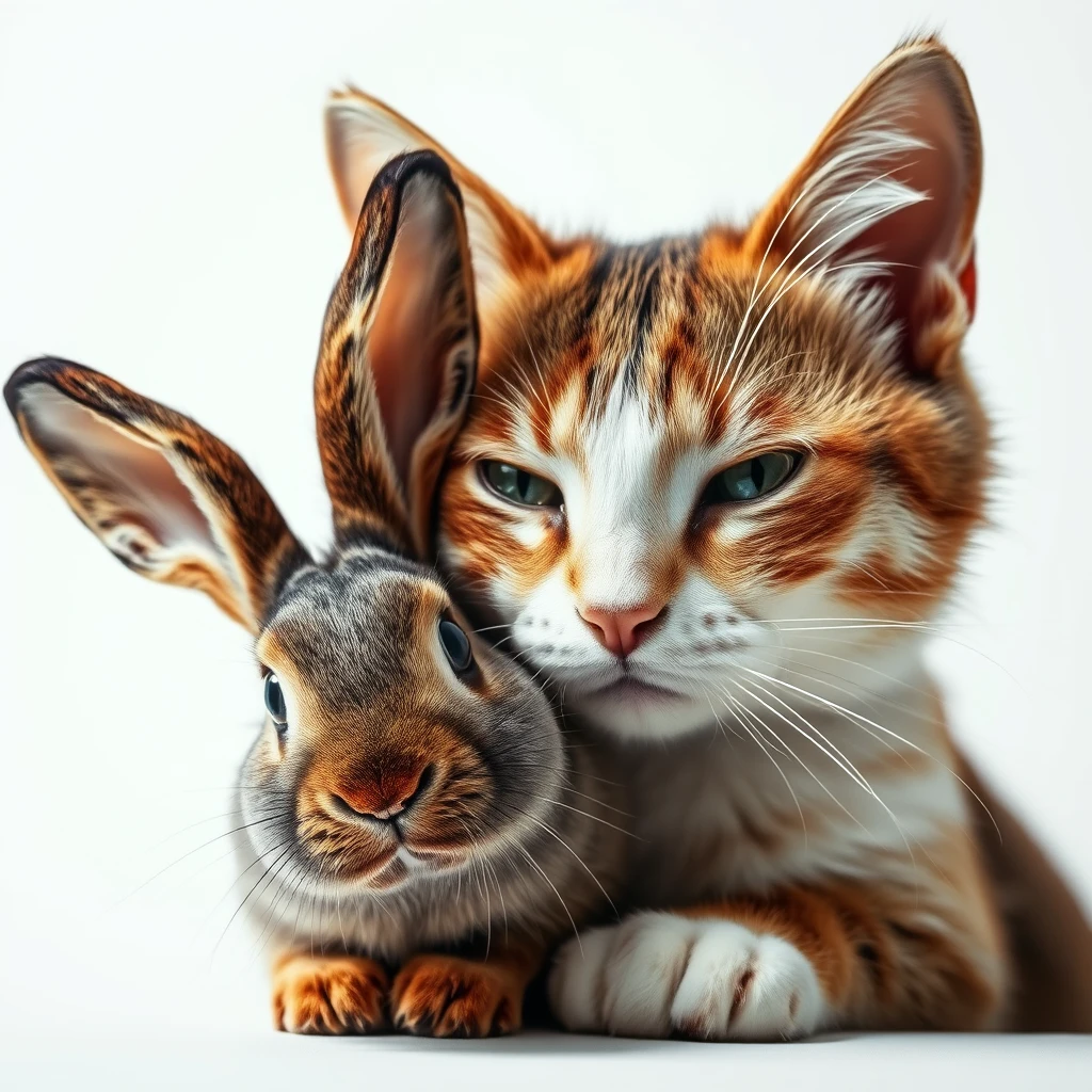 Cat merge with rabbit Dramatic lighting against white background. Hyper-realistic, high-resolution image, expressive features and coloration. - Image