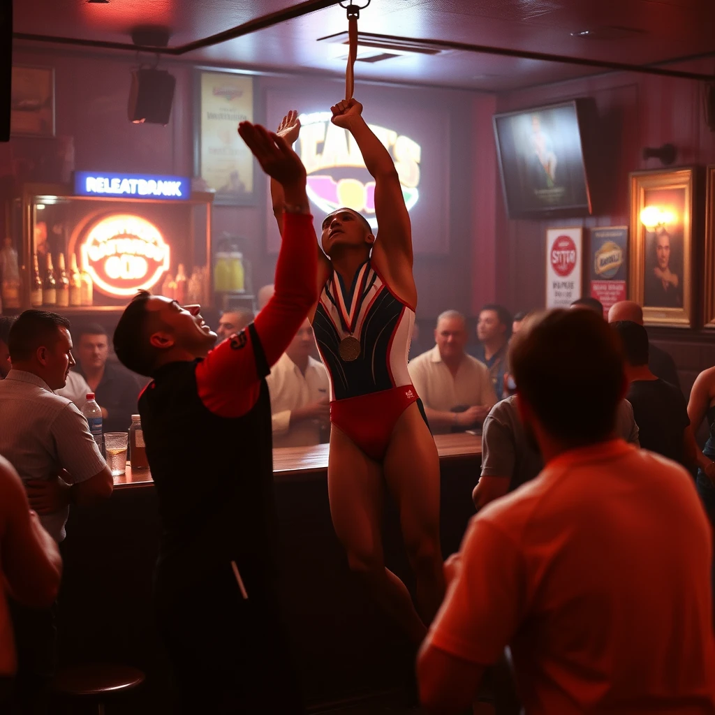 Olympic gold medal gymnast fighting two men in a bar - Image