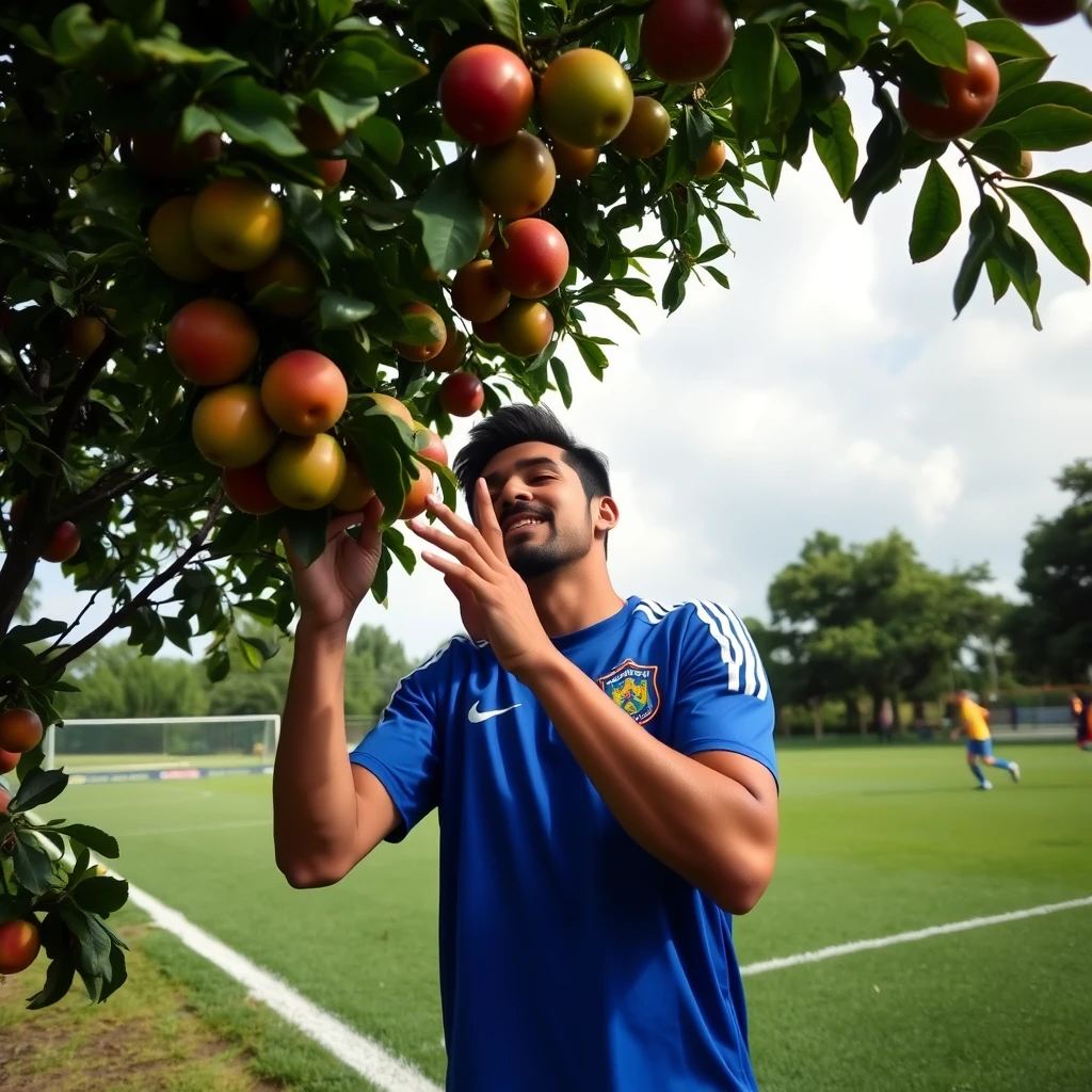 A picture of Lautaro Martinez picking fruits from a tree in the middle of a soccer field.