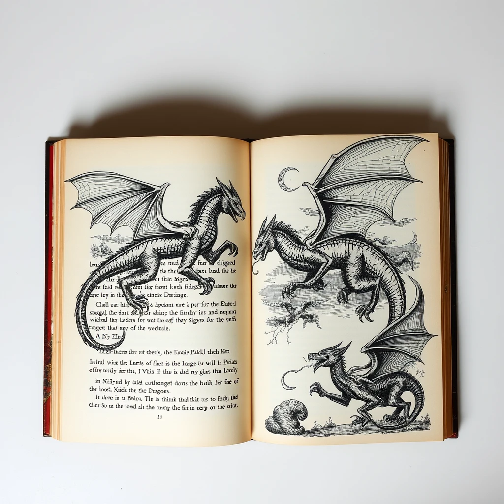 A top down view of a book on winged dragons, open book, double spread, illustrations, Victorian style, woodcuts.