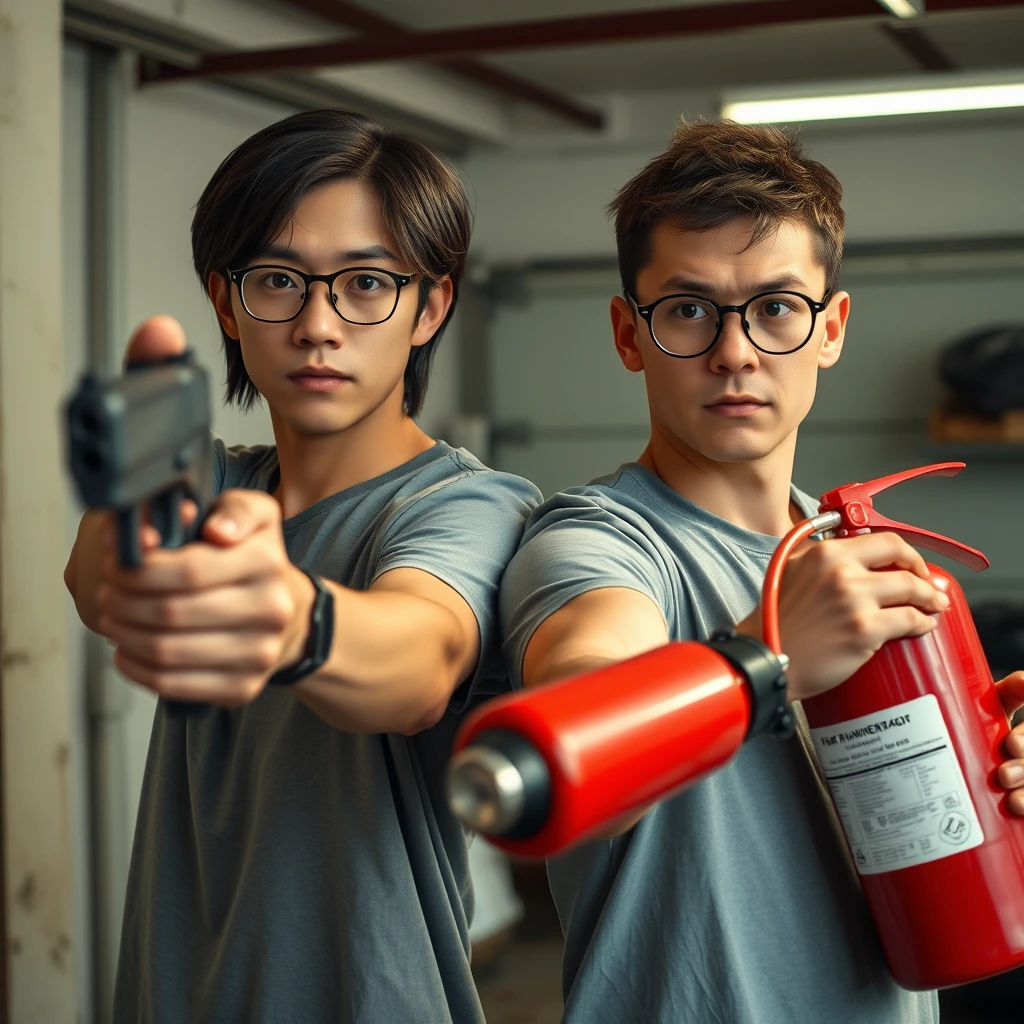 21-year-old pale Chinese man with square glasses, shoulder-length hair, holding a pistol; 20-year-old white Italian man with round prescription glasses and short hair holding a very large fire extinguisher, in a garage setting, both angry, intent to kill.