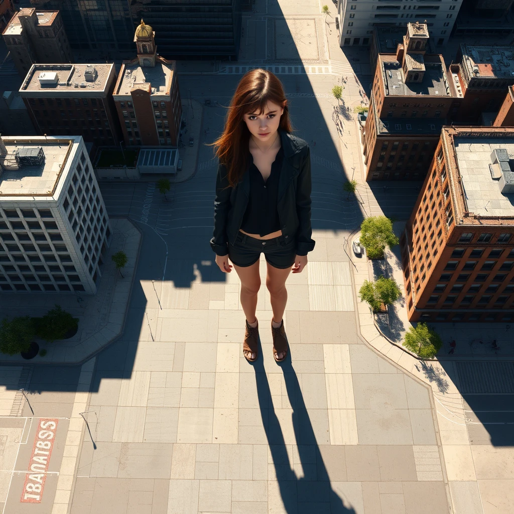 Aerial view, giant stunning goth teen girl standing barefoot in the city, realistic shadow. - Image