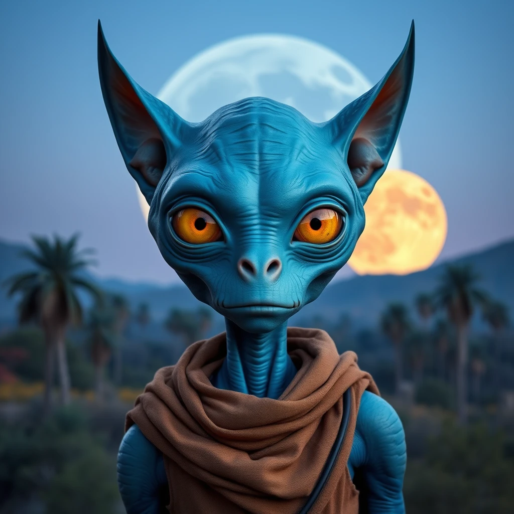 Alien with blue skin, wide nose, large yellow cat eyes, large cat ears, paleolithic clothes, exotic alien forest in the background, large alien moon in the sky, dusk. - Image