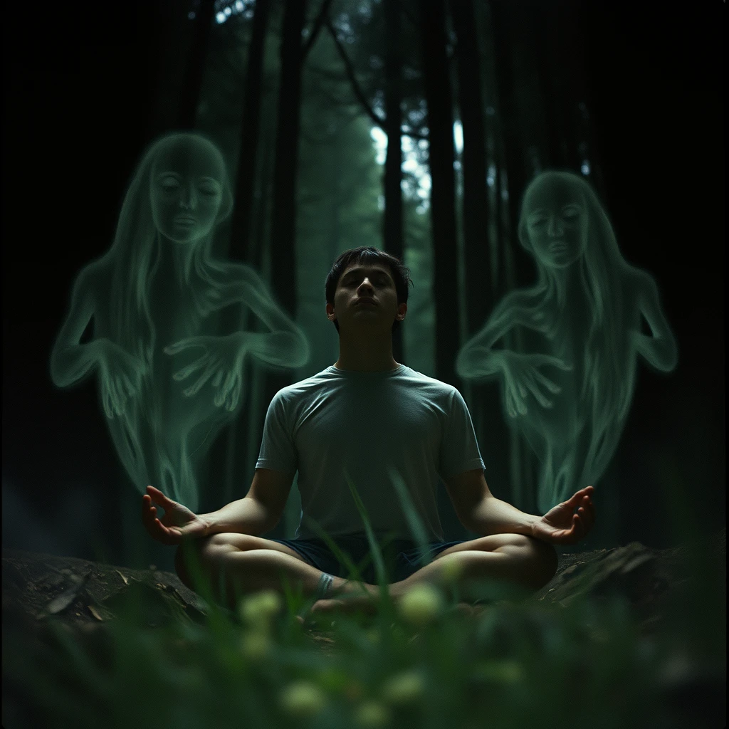 35mm film close-up portrait of a person meditating in a serene forest clearing, surrounded by ghostly apparitions of past struggles, hyper-detailed nature elements, dark and mysterious background. - Image