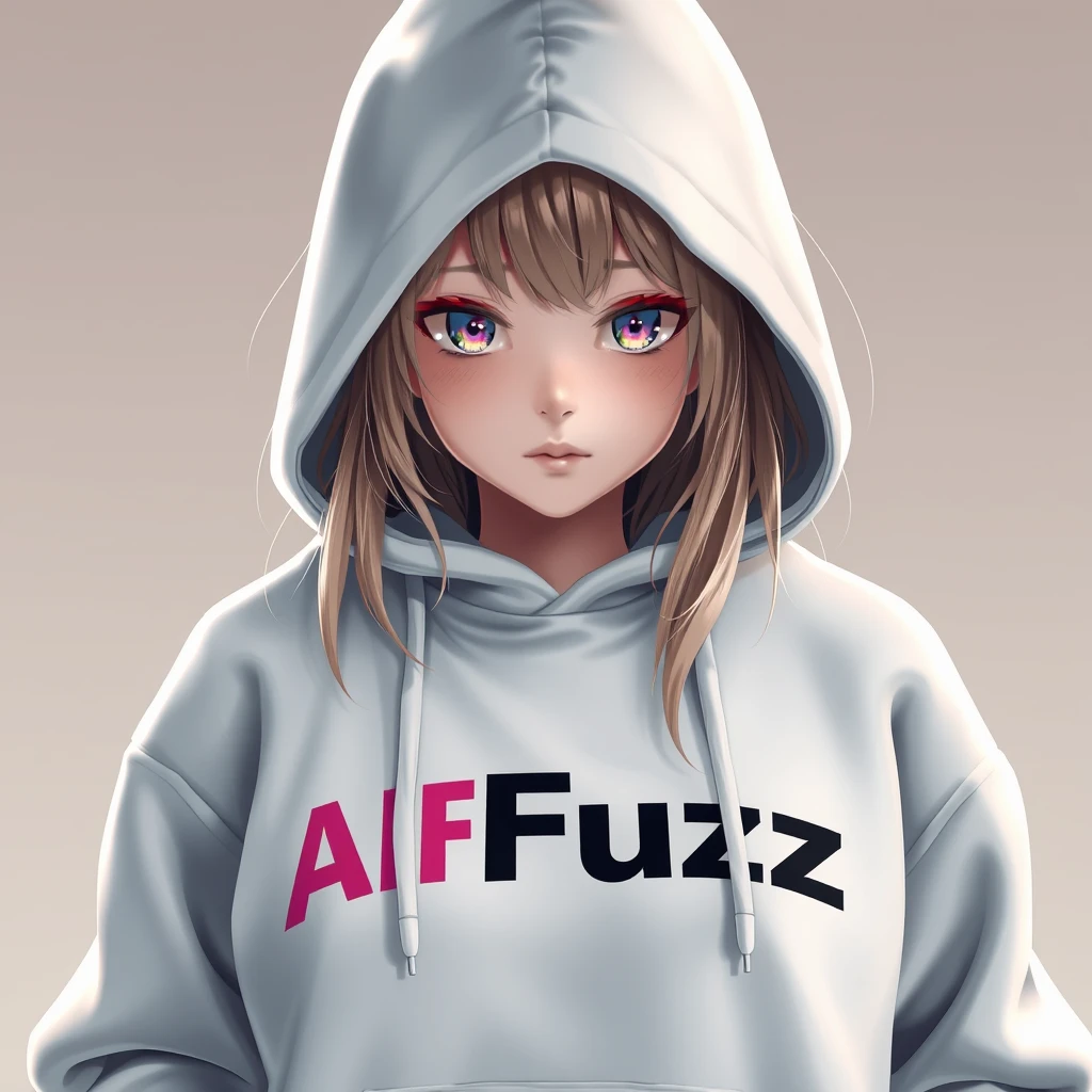 A girl wearing a hoodie with "AIFuzz" written on it, photo, realistic, ultra detailed, high texture.