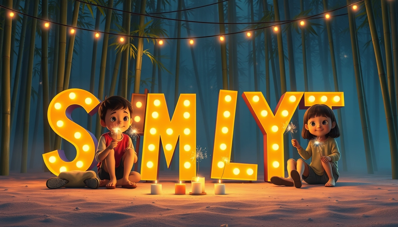 Create a digital illustration in the style of a 3D animated movie scene. Show six Asian children sitting around large, illuminated letters spelling 'SMLYT'. The letters should be made of warm yellow lights, resembling carnival-style lighting. Set the scene in a nighttime bamboo forest with a misty blue background. Include string lights hanging overhead and small candles or lights placed in front of the letters. The children should be holding sparklers and wearing casual clothing in various colors. The ground should appear sandy or dusty with visible small pebbles. Capture a joyful and celebratory mood with warm lighting on the children's faces contrasting with the cool background. Use highly detailed 3D-style rendering with special attention to lighting effects, sparkler glows, and the interplay of light and shadow on the children and surroundings. - Image