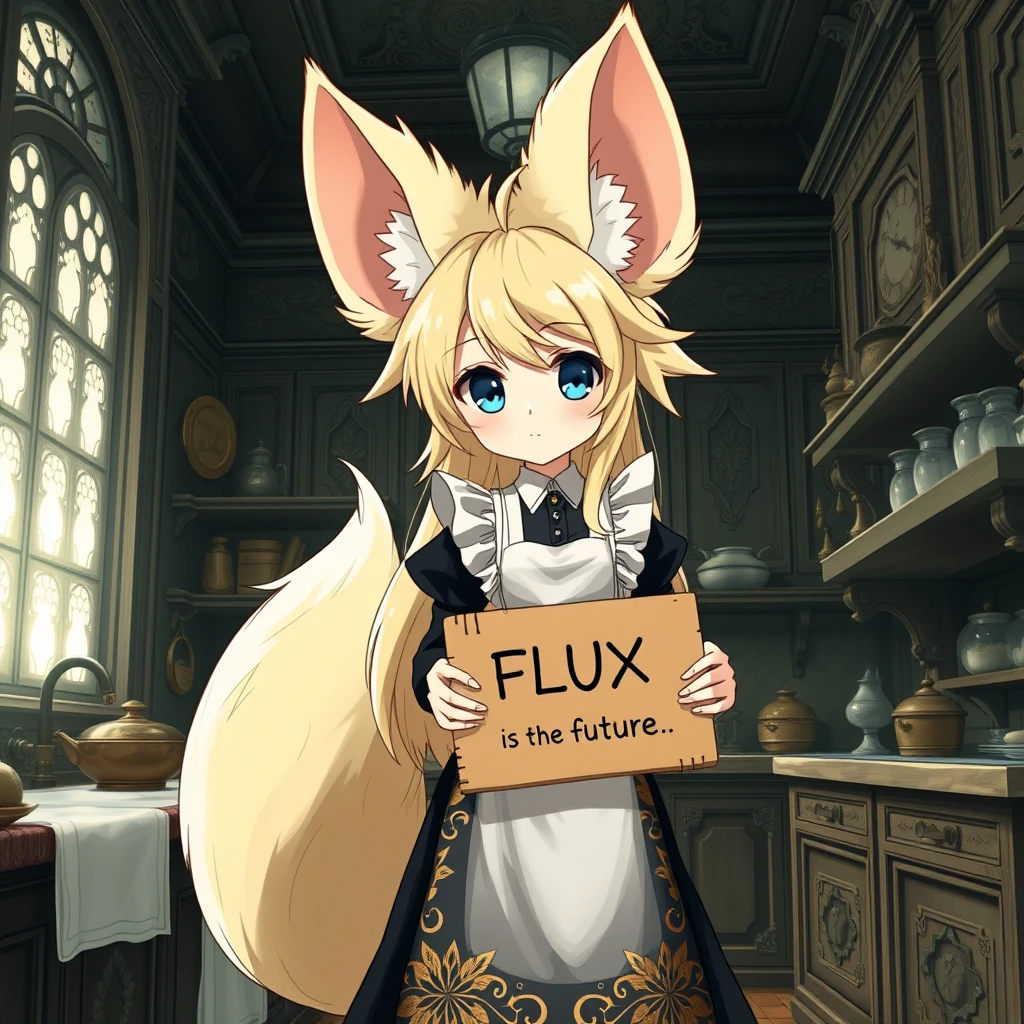 Cute anime girl with massive fluffy fennec ears and a big fluffy tail, blonde messy long hair, blue eyes, wearing a maid outfit with a long black dress featuring a gold leaf pattern and a white apron, holding a cardboard that says "FLUX is the future," in the kitchen of an old dark Victorian mansion with a bright window and very expensive items everywhere.