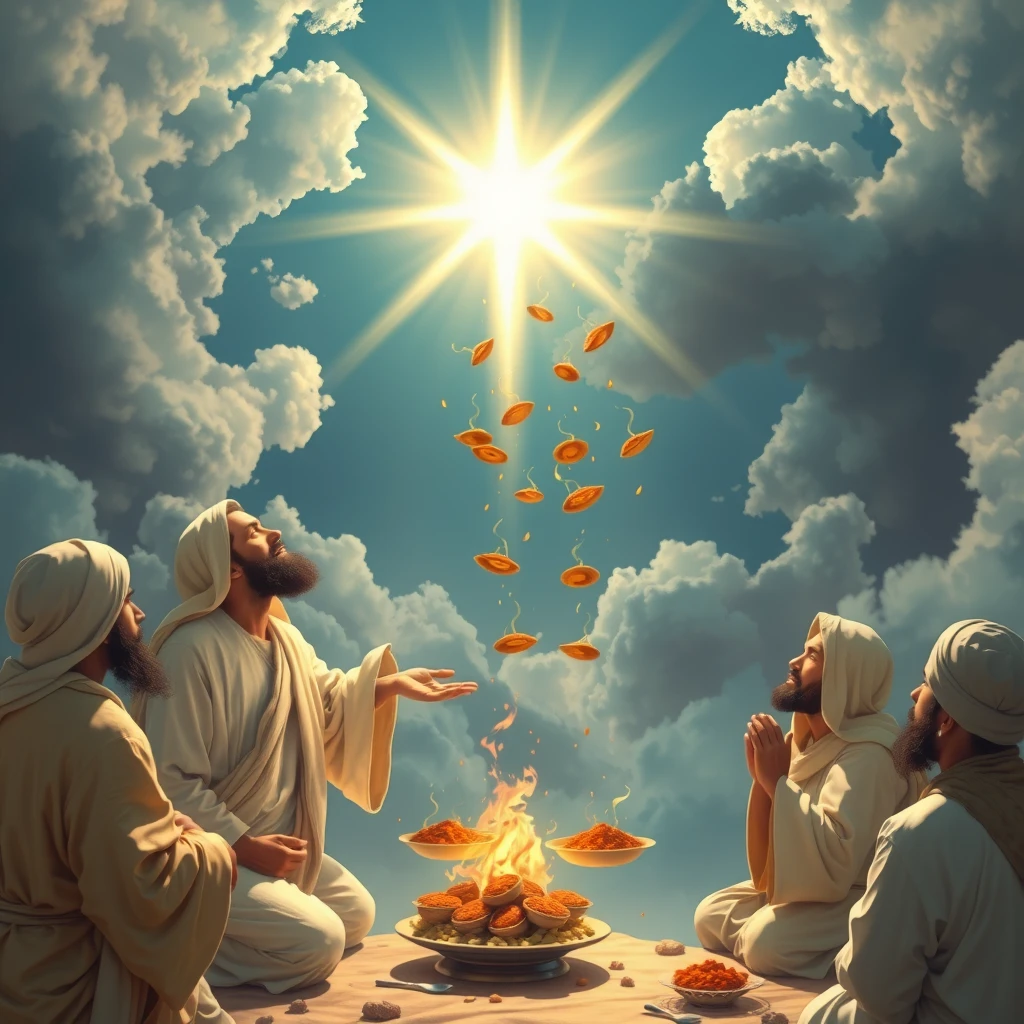 Prophet Jesus the Messiah praying to Allah SWT bringing down the dishes of Al-Maidah from the sky, and together with twelve of his disciples.