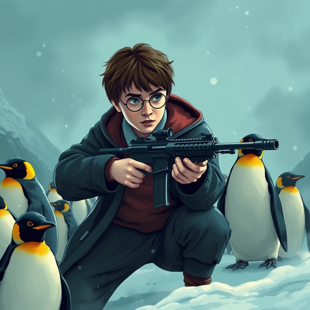 Harry Potter killing penguins with a submachine gun