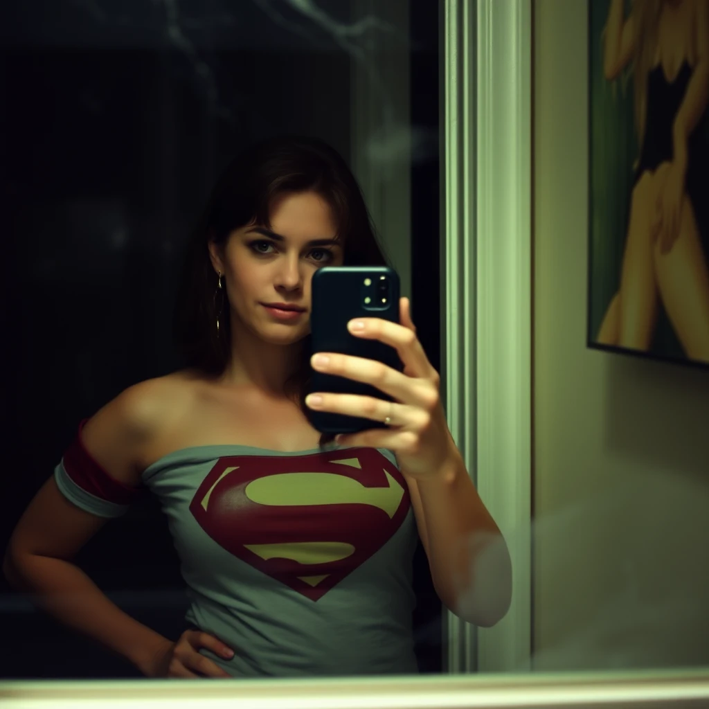 Phone photo: A woman superhero stands in front of a mirror capturing a selfie. The image quality is grainy, with a slight blur softening the details. The lighting is dim, casting shadows that obscure her features. Her expression is casual while the old iPhone struggles to focus, giving the photo an authentic, unpolished feel. The mirror shows smudges and fingerprints, adding to the raw, everyday atmosphere of the scene.