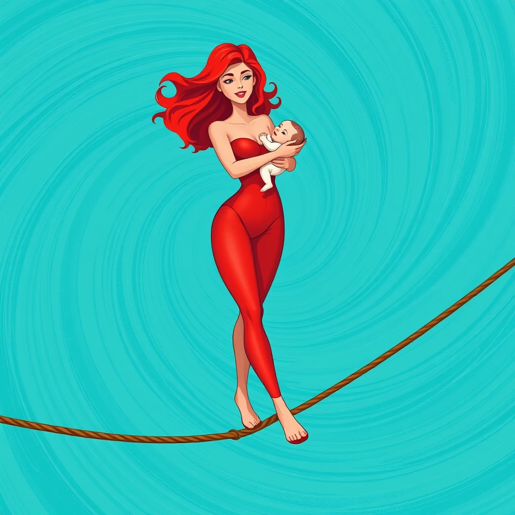 Create an image of a woman walking on a tightrope. The woman has red hair and is dressed in a red bodysuit. She holds a baby securely in her right arm while extending her left arm for balance. The background is a swirling, textured pattern of turquoise and teal, creating a sense of movement and depth. The overall style is illustrative with a focus on vibrant colors and a slightly surreal atmosphere. - Image