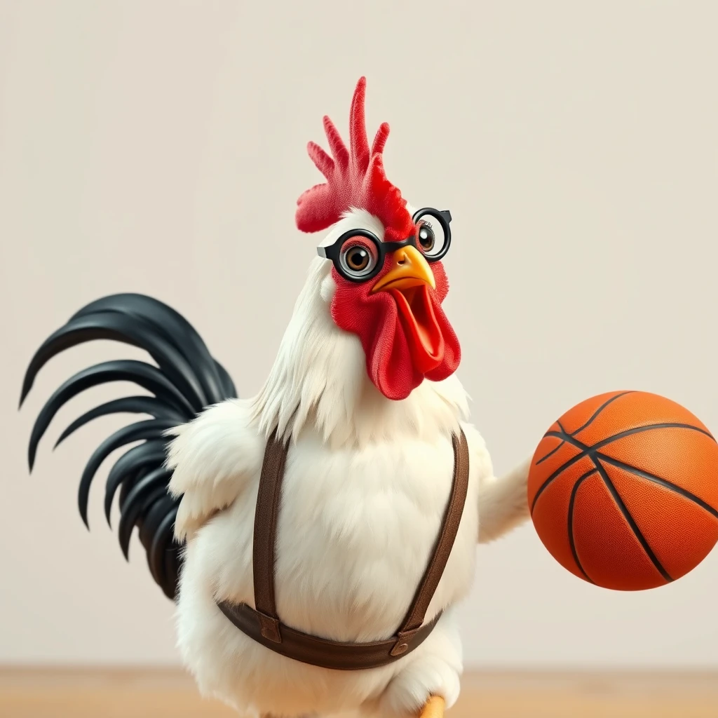 A chicken wearing suspenders and sporting a center part hairstyle is playing basketball.