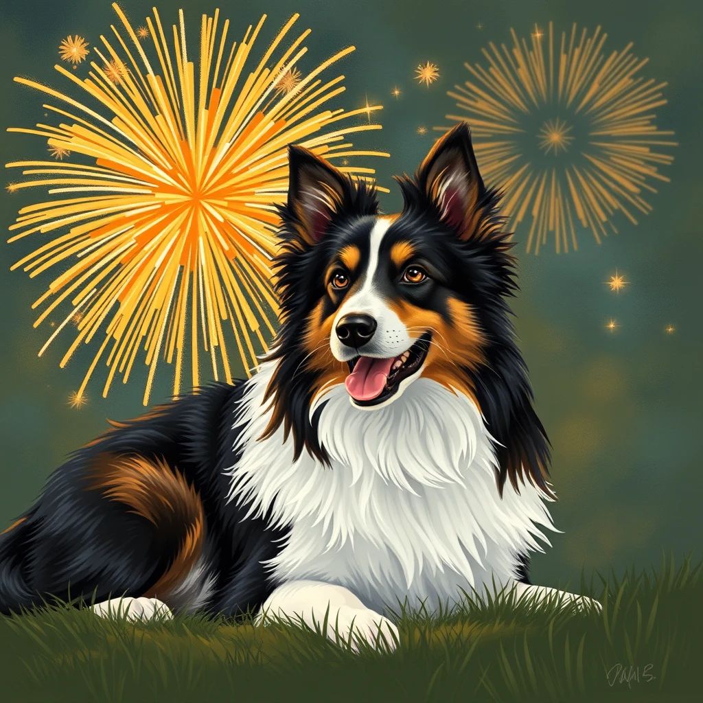 "A border collie with fireworks" - Image