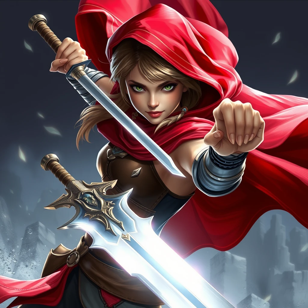 Photo realistic: Fantasy heroine with a red cape swings a shining sword. - Image