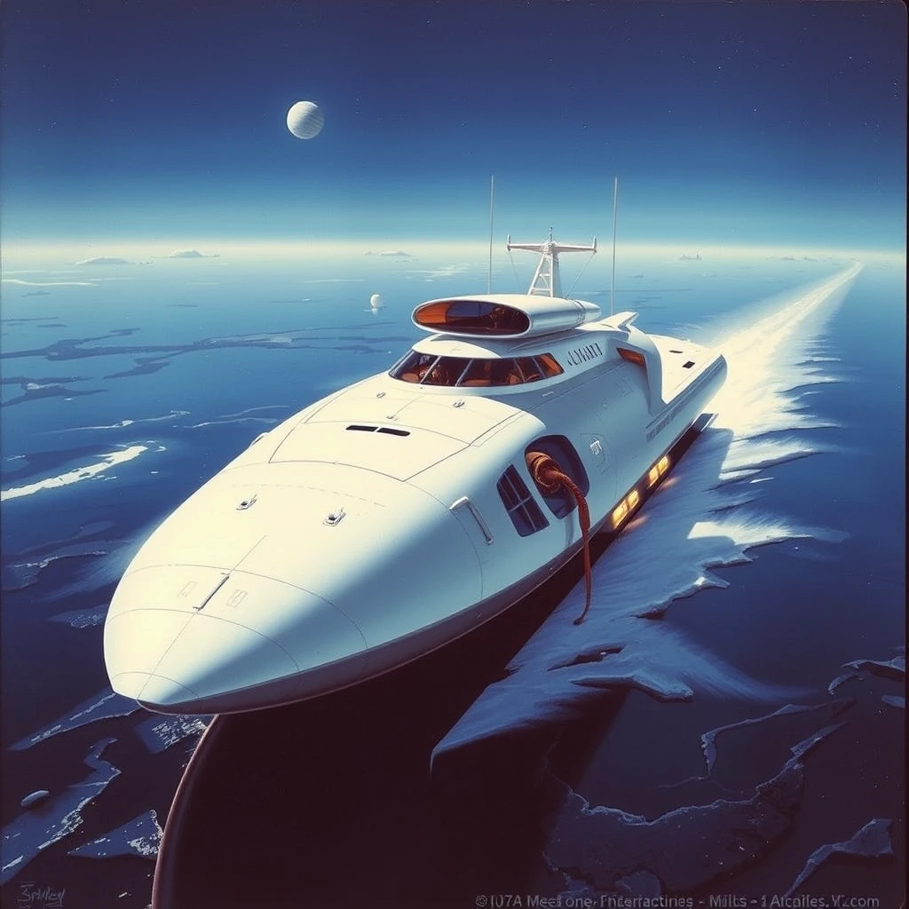 a space-yacht concept, being loaded, a painting by Syd Mead, sleek, futuristic. - Image