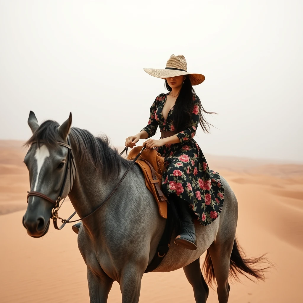 a women wearing big hat and riding a grey horse,floral clothes，in desert on dune,black hair - Image