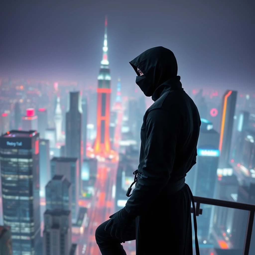 A mysterious guy wearing a black ninja-like suit in neon city, from a high building looking at the city.