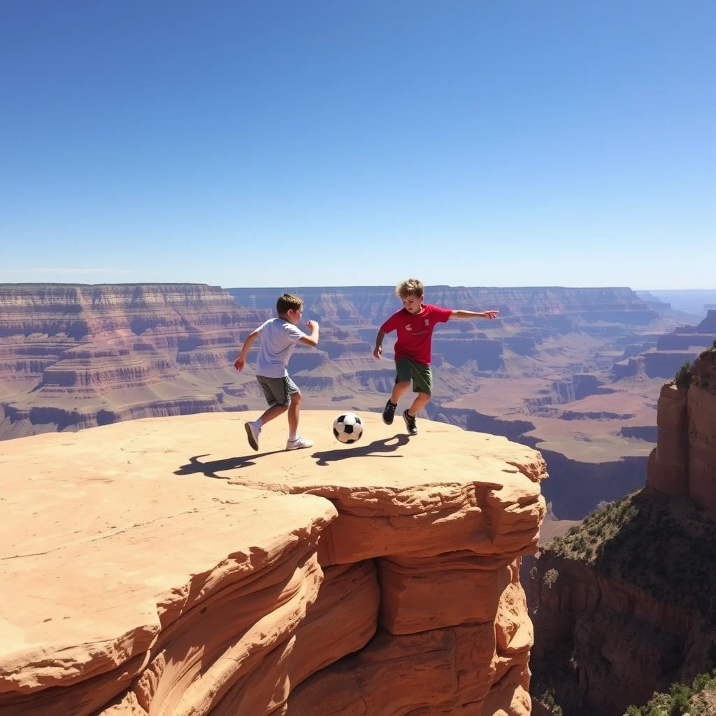 Kids playing soccer on a cliff overlooking the Grand Canyon.