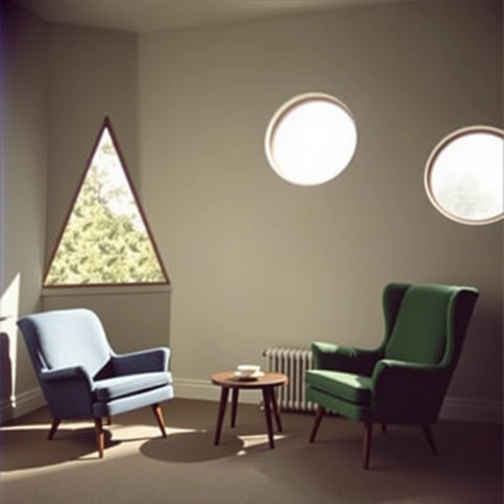 A living room in 1950, blue chair on the left and green chair on the right, triangle shaped window on the left and a circular window on the right.