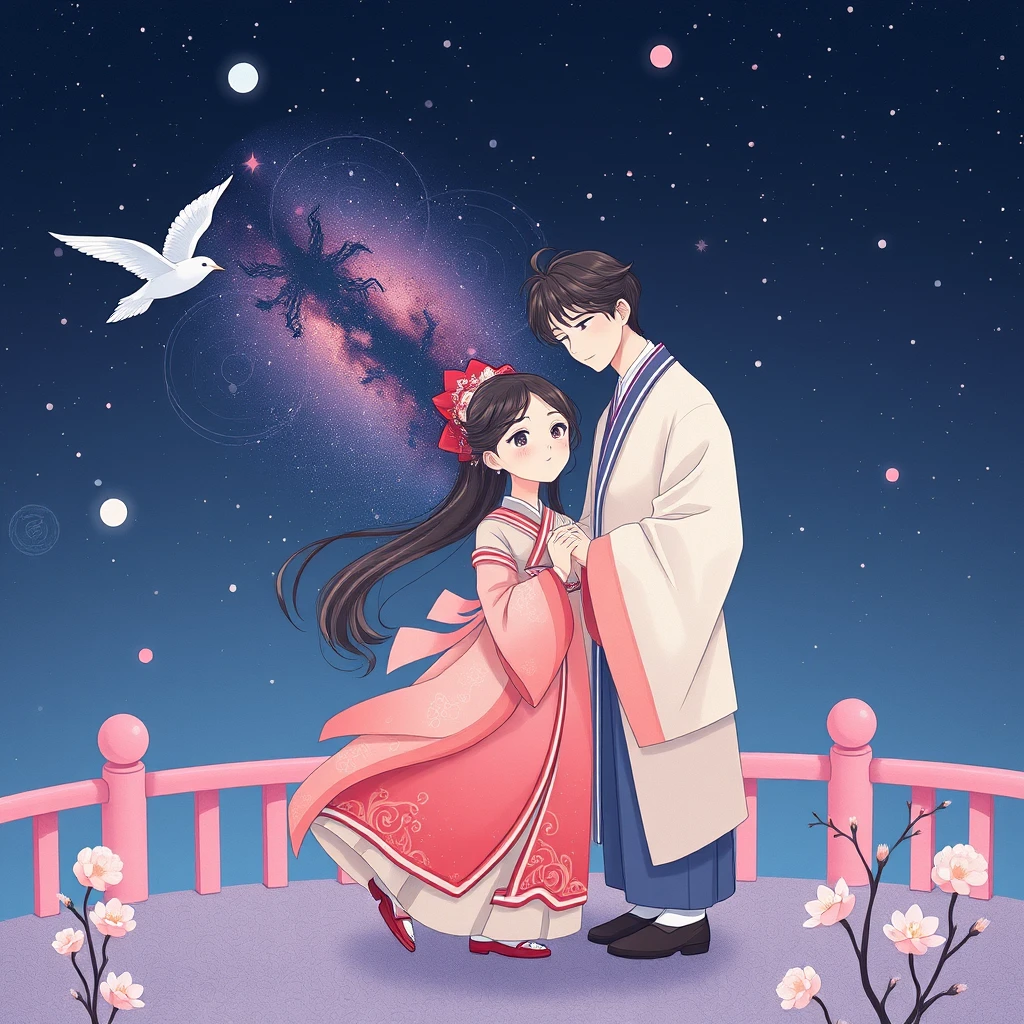 Love, Characters (a man and a girl, wearing traditional Chinese clothing) + Scene Elements (Magpie Bridge, Milky Way, stars) + Background (deep night sky) + Colors (soft pinks, purples, blues) + Chinese Style.