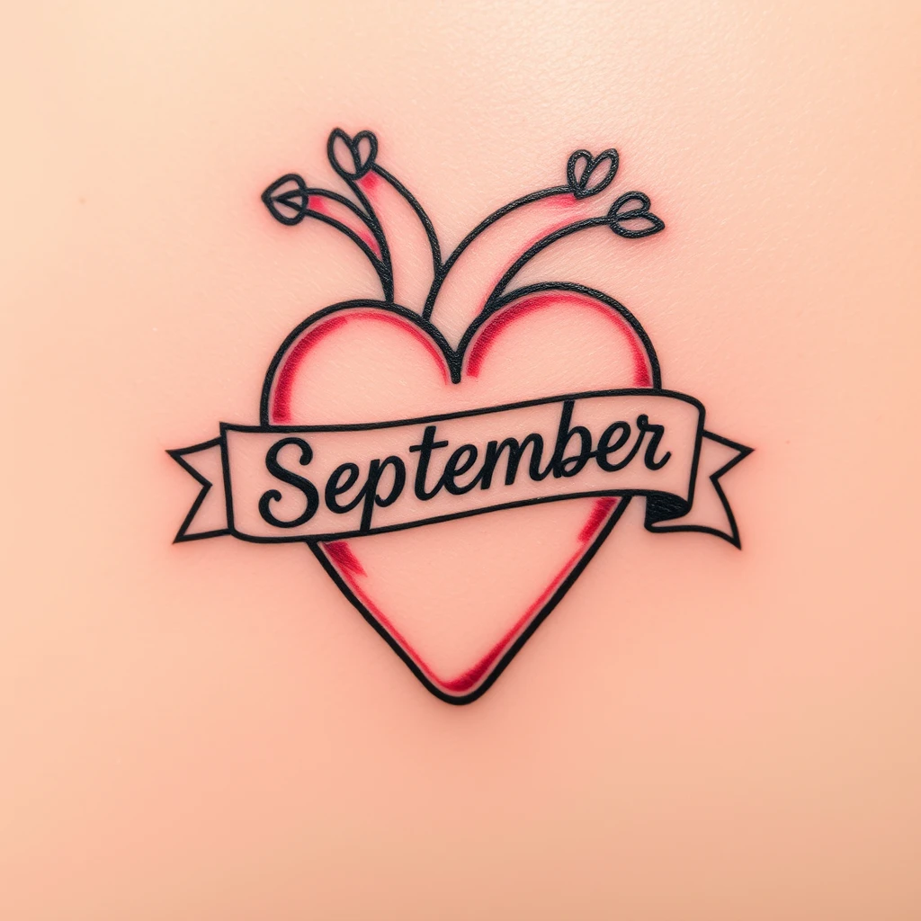 Typical heart tattoo with the word September in the banner.