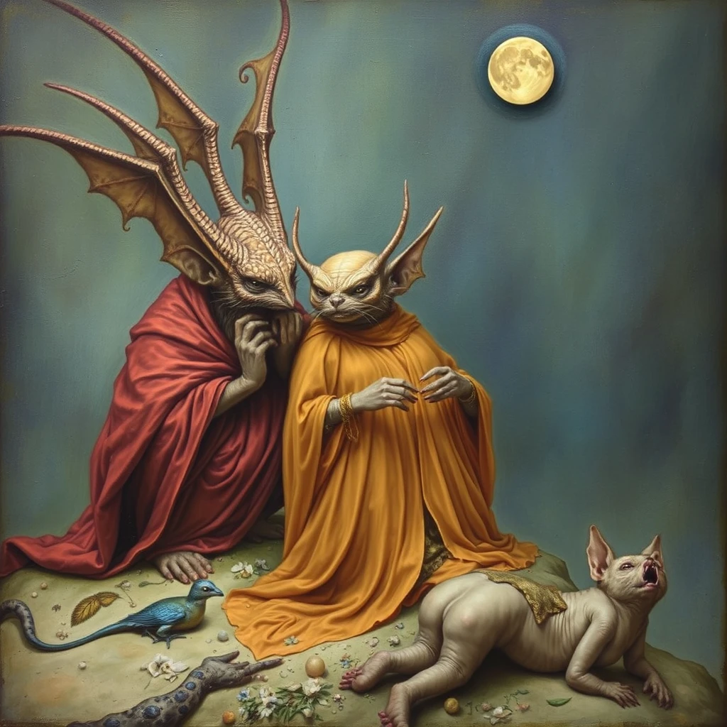 Visitors From Elsewhere, strange fae creatures, magical, fantasy, surrealism  
Modifiers: Hieronymus Bosch Moebius Brian Froud