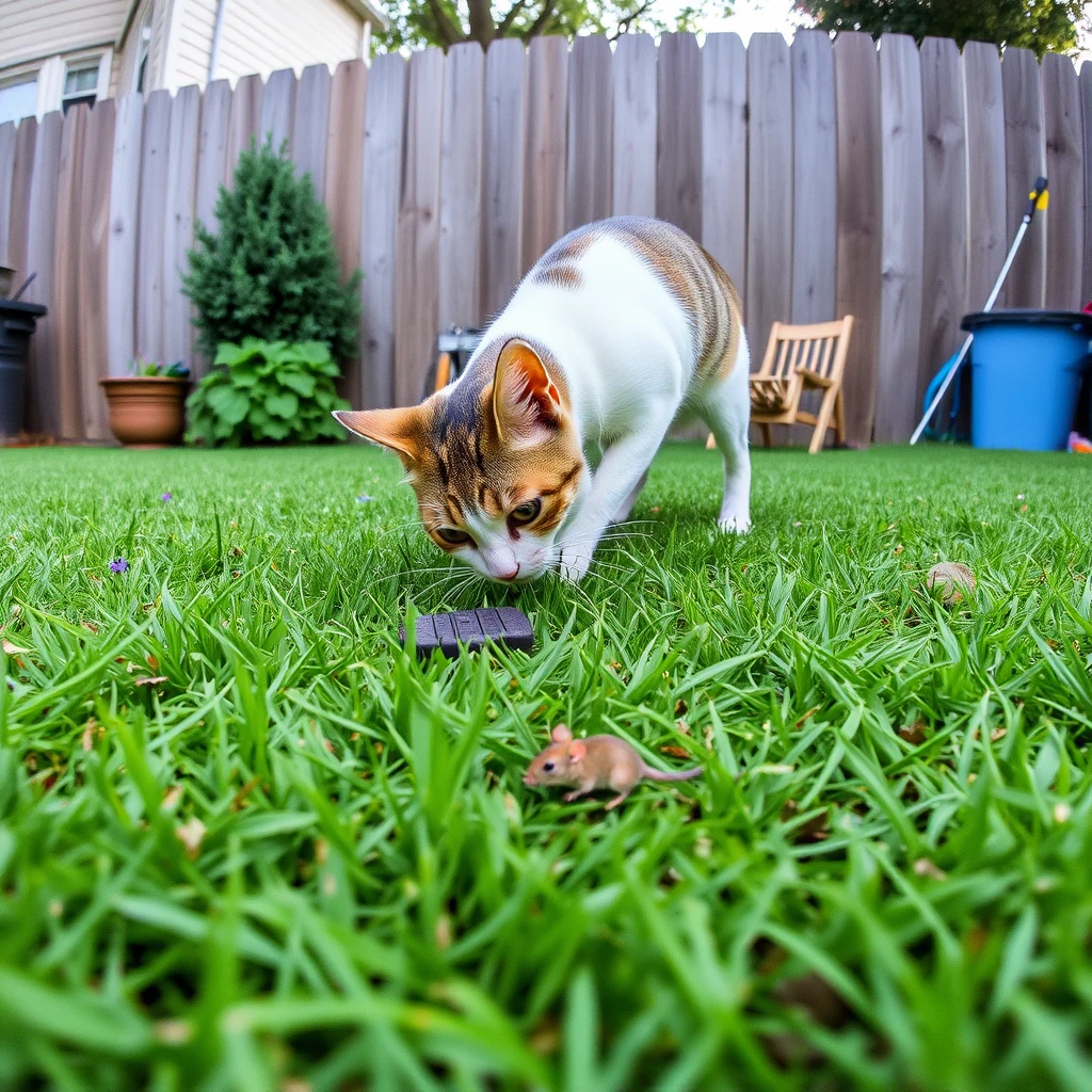 A cat is playing with a mouse on the back yard from a iphone camera perspective.