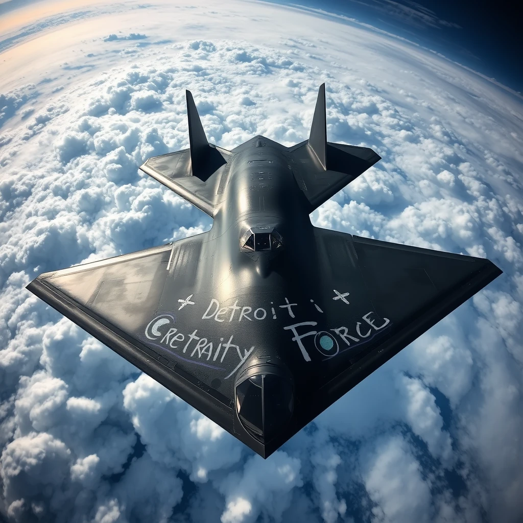 A view from the ground of the underside of an actual B-2 Stealth bomber flying high in the clouds. The words "Detroit Creative Force" painted in a graffiti style on the underside of the plane. - Image