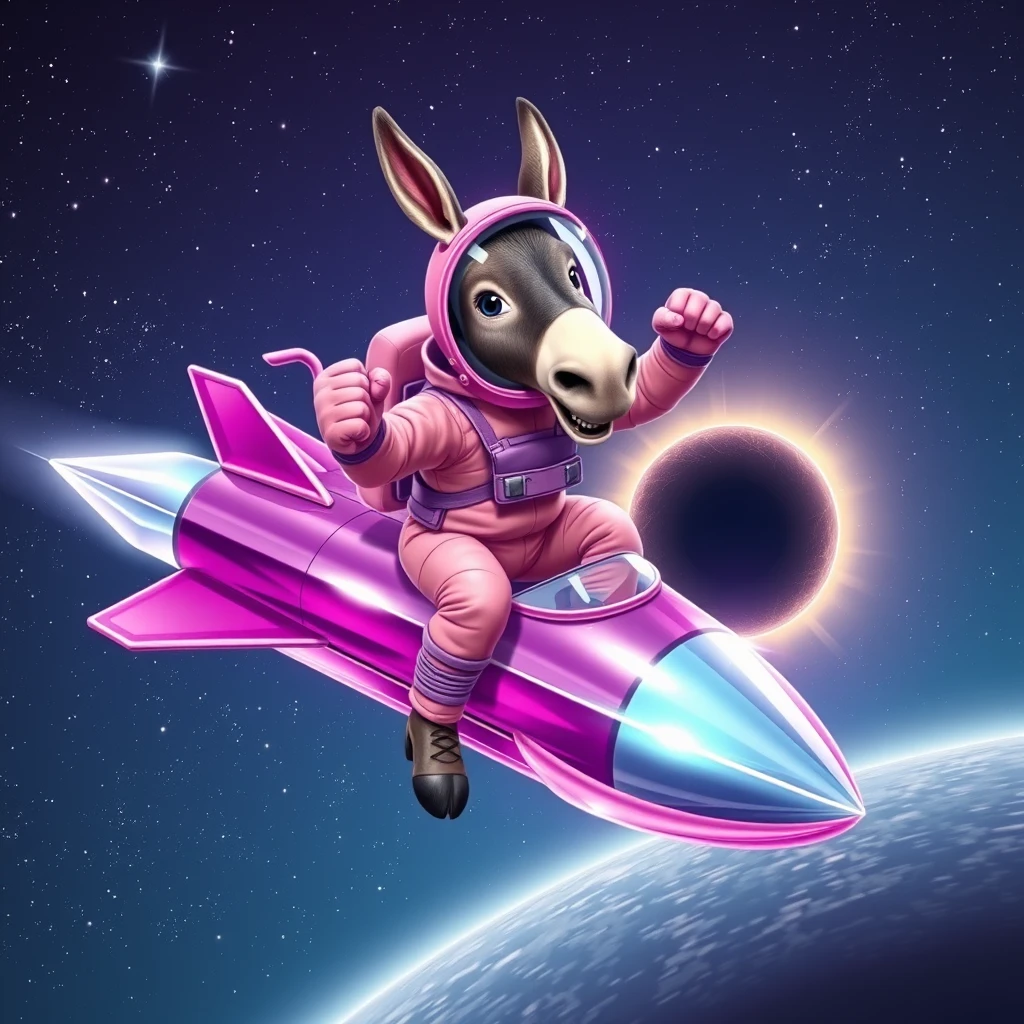 An ambitious donkey wearing pink astronaut costume, riding on a crystal light purple stunning spaceship, making a punching gesture, flying to the outerspace under a clear night sky with lots of shining stars, passing by a huge black-hole. Realistic style.