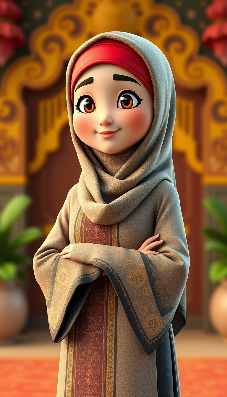 A 3D, 8k animated cartoon depiction of a Muslim woman from Palembang, wearing a traditional long songket and a long gown (gamis). She is adorned with a hijab that covers her chest and wears batik gloves covering her hands.