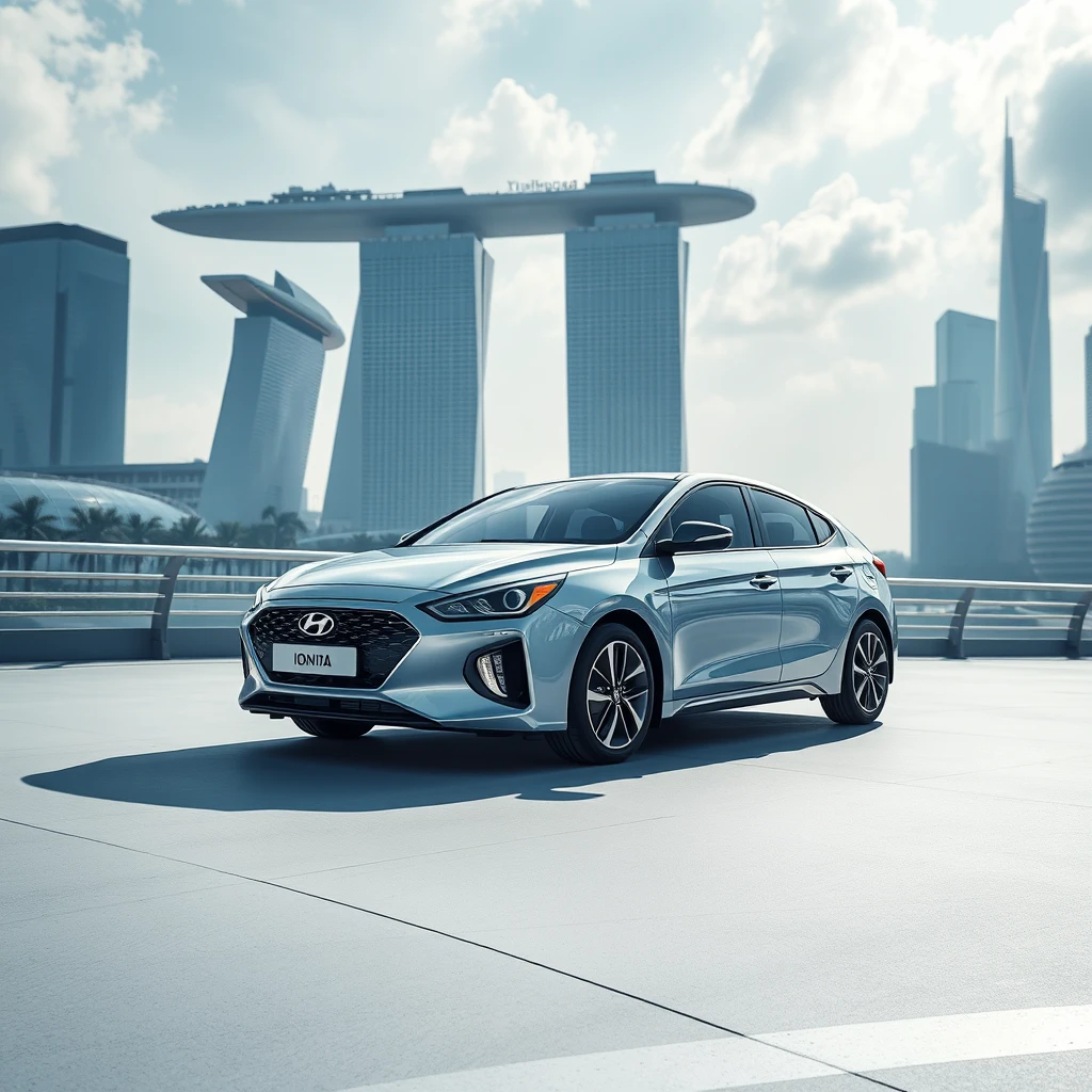 Photorealistic Hyundai IONIQ 5 N in a futuristic Singapore backdrop.