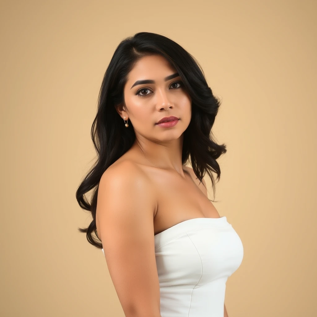 A woman with dark hair is captured in a portrait against a beige background, wearing a strapless white dress that accentuates her figure. - Image