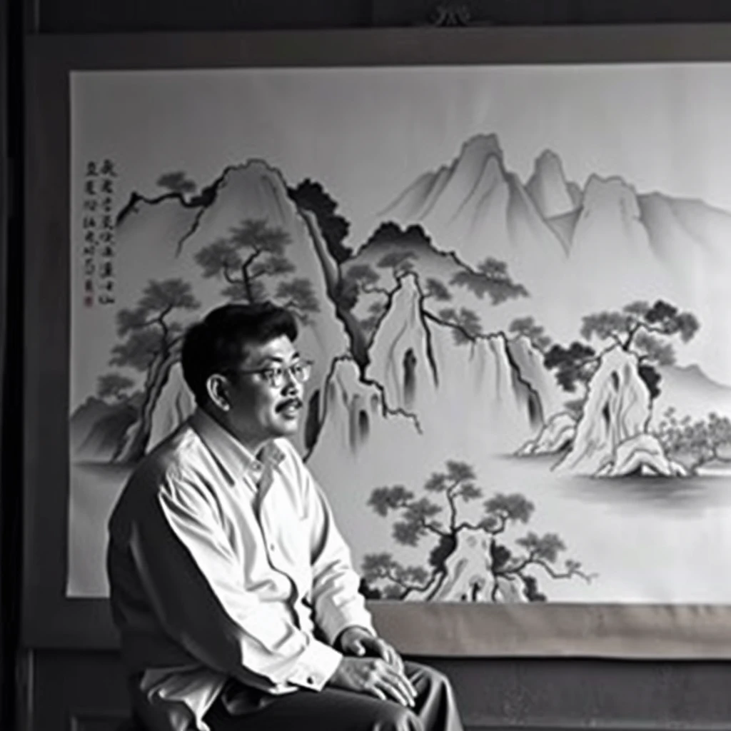 Sitting in front of the Chinese landscape ink painting. - Image