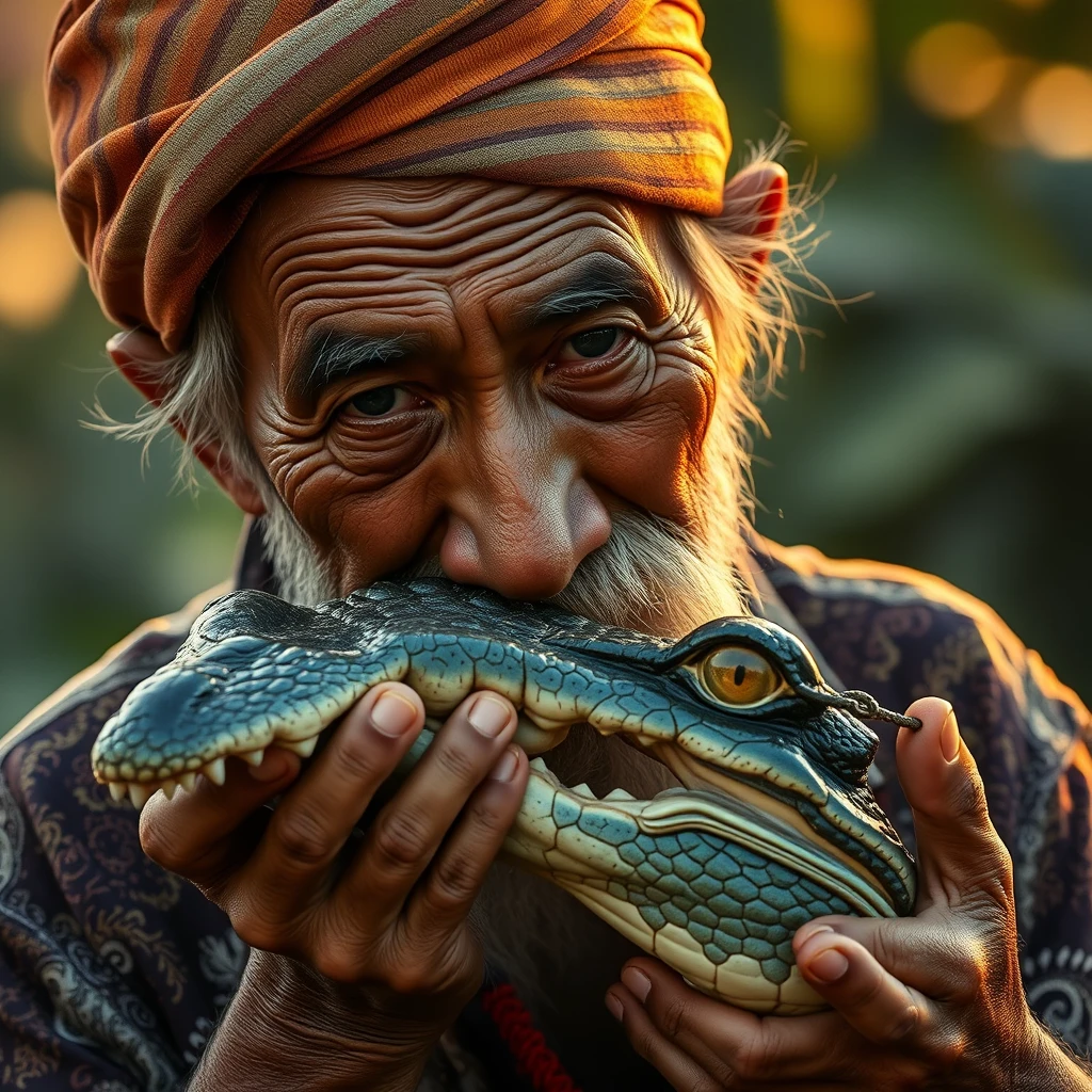 A Malay old man, biting a crocodile, intricate details, bokeh, golden hour. - Image