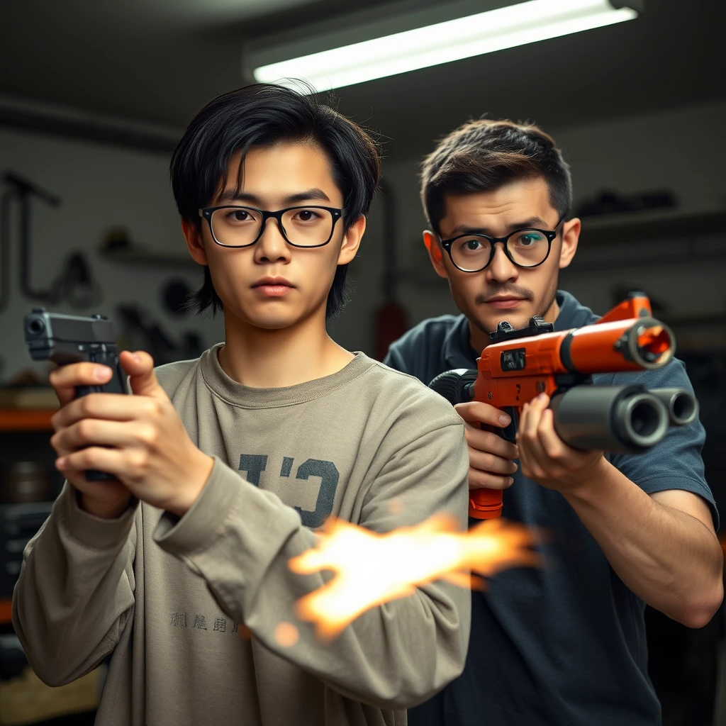 A 21-year-old thin, long-faced young northern Chinese man with a square chin, wearing square glasses and holding a pistol, has medium to long hair. A 21-year-old white Italian/Caucasian man wearing round glasses and short hair is holding a very large fire extinguisher flamethrower. The scene is set in a garage, and both appear angry. - Image