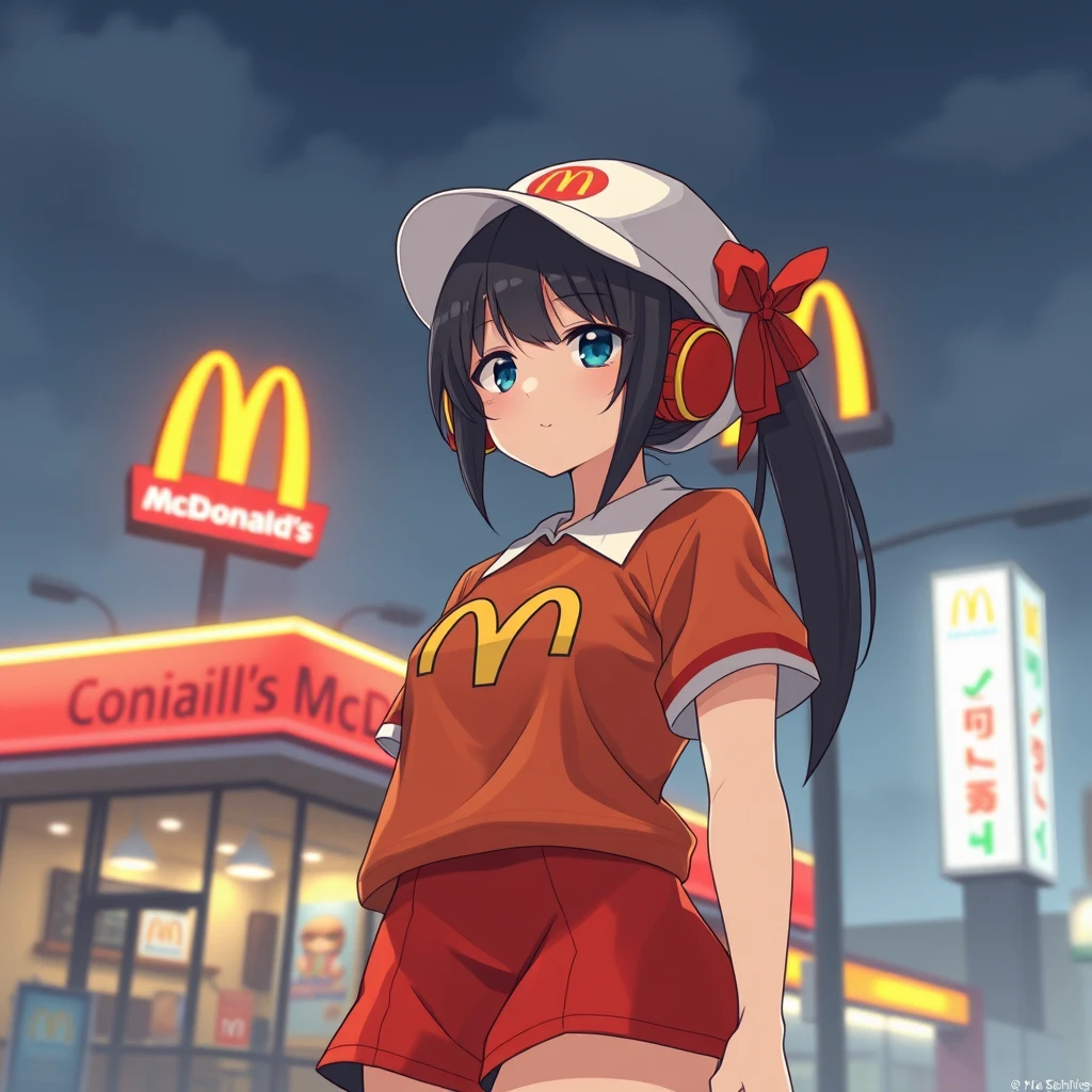 giant anime girl wearing McDonald's outfit - Image