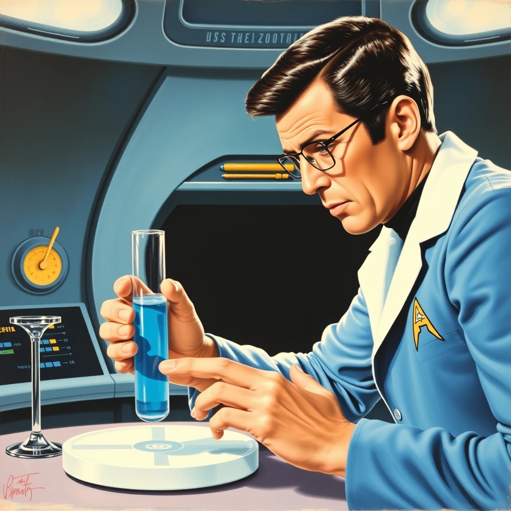 Dr. Mcoy looks at a test tube of blue fluid, 1966 USS Enterprise, as painted by Arthur Sarnoff.