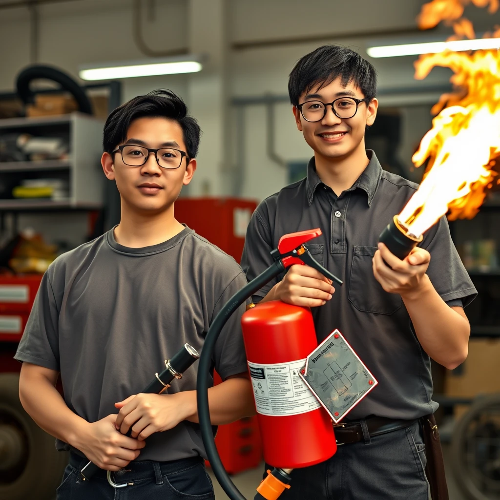 21-year-old white Chinese man wearing square glasses, long black hair, holding a wrench; 21-year-old white Italian man wearing round glasses and short hair holding a very large fire extinguisher flamethrower, in a garage setting. - Image