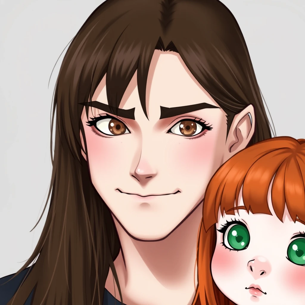 A young man with long dark brown hair parted in the middle, sharp facial features, a smirk, pale skin, light brown eyes, thick eyebrows, and long eyelashes next to a cute white girl with ginger hair, a small nose, pink lips, green eyes, and long bangs. - Image